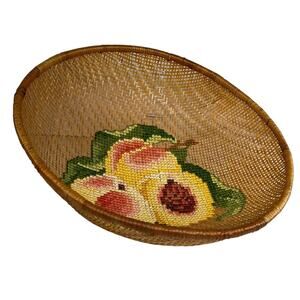 Vintage PEACHES Wicker Round Fruit Bowl Decor Cross Stitch Embroidery Art 70s